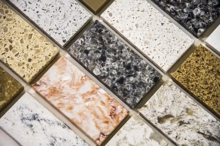 Close up of different quartz countertop samples