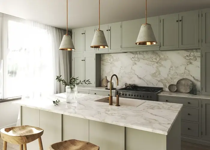 Elegant white stone kitchen island and backsplash