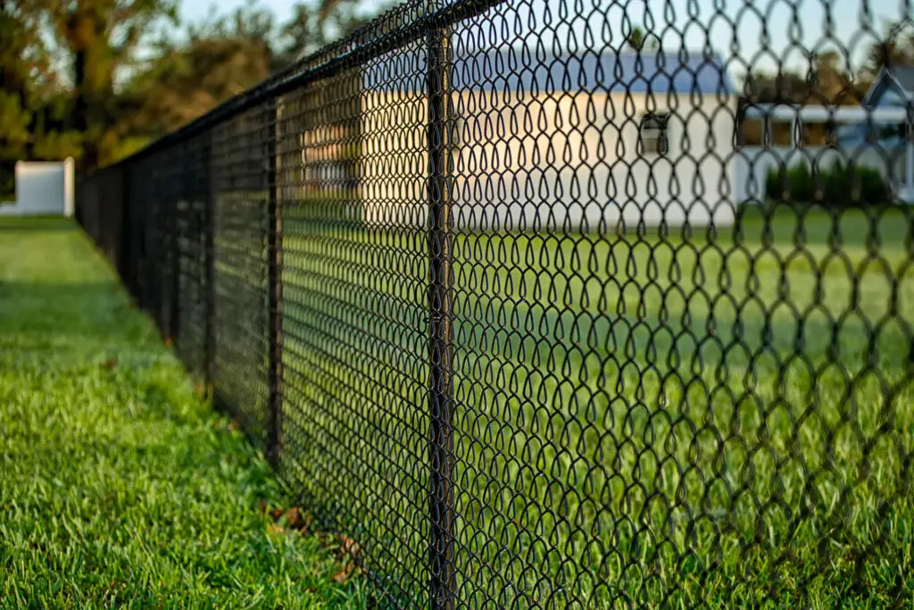 Close up of 4 foot black chain link fence surrounding property