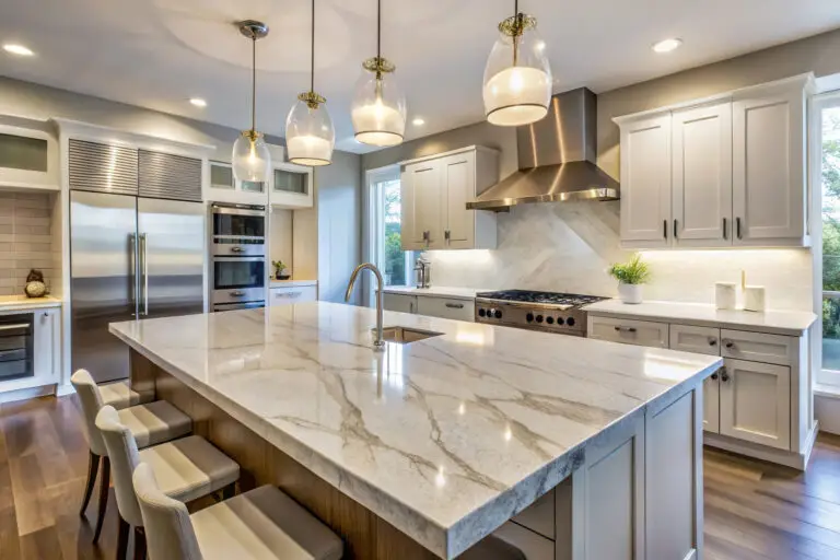 Luxury kitchen featuring quartz countertops and waterfall island
