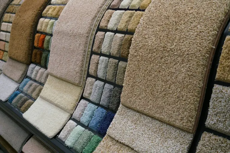 Close up of a variety of carpet samples in a showroom