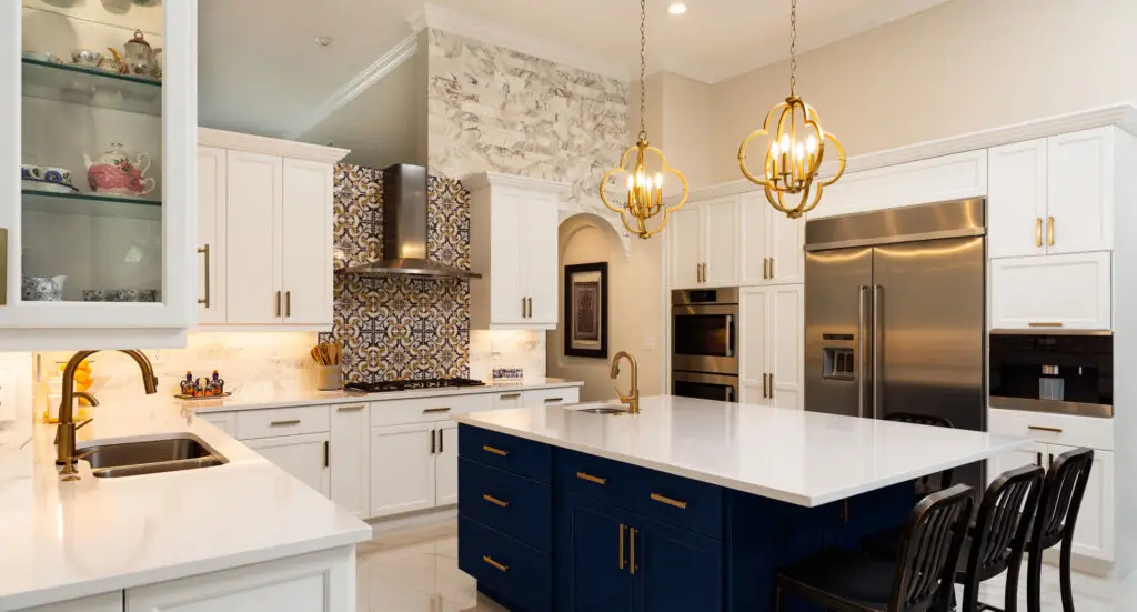 Contemporary kitchen with large white countertop island