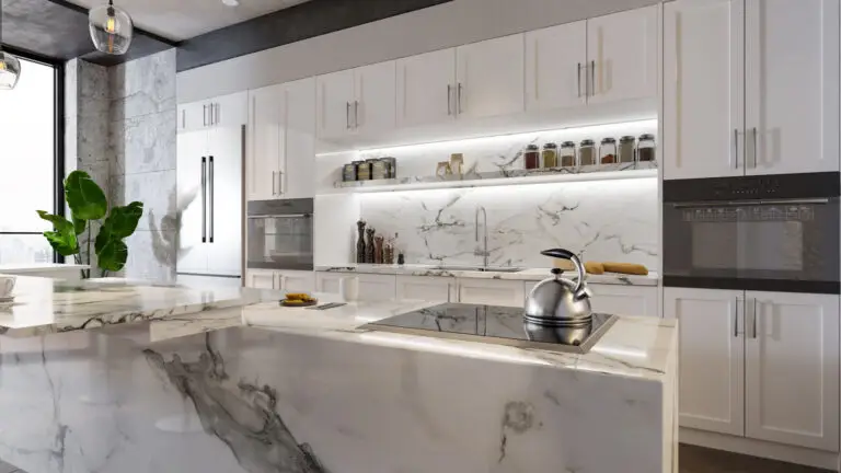 Contemporary kitchen with marble-style quartz countertops