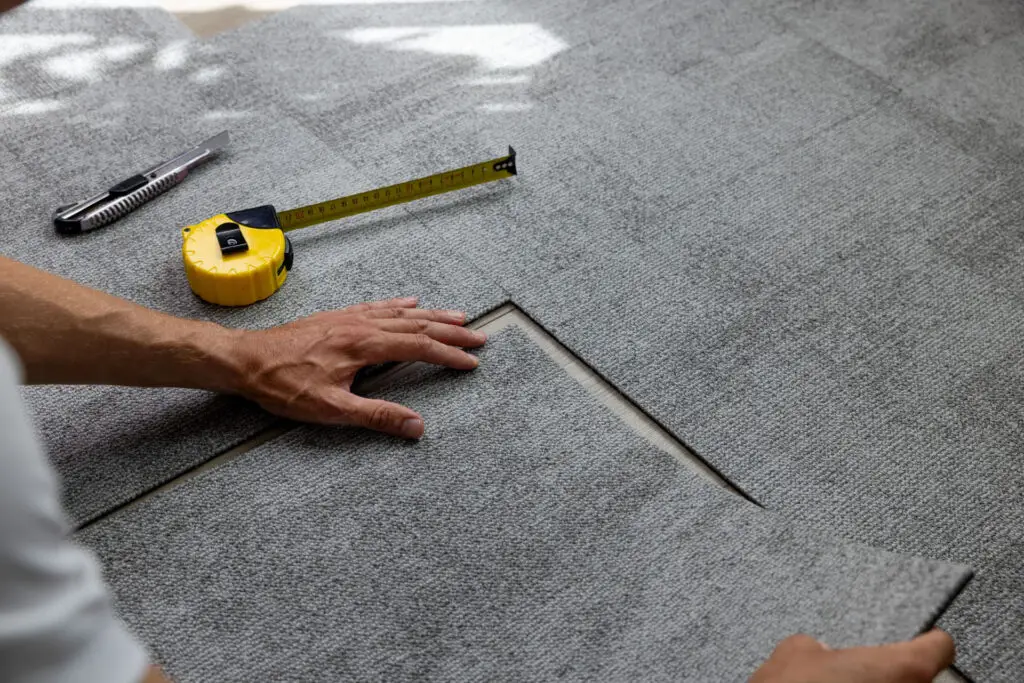 Installer fitting gray carpet tiles during flooring installation